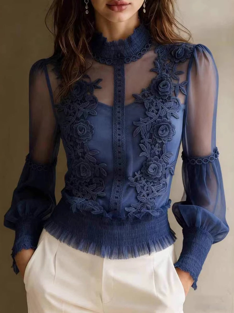 Semi Formal Tulle Pink Stand-Up Collar Long Sleeve 3D Elegant See Through Lace Blouses