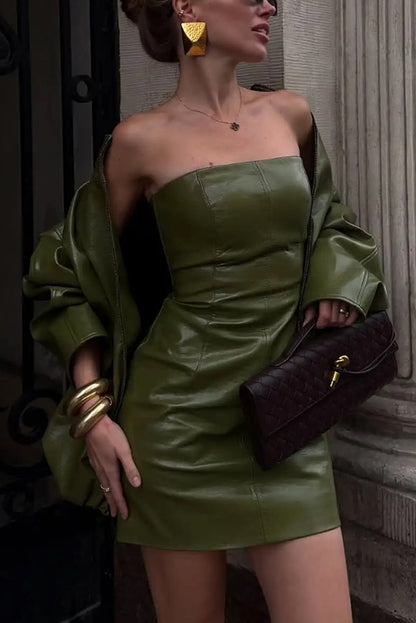 Sexy Tube Top Back Zipper Slim Leather Mini Dress
