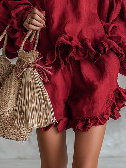 Vintage And Elegant Ruffled Red Cotton And Linen Shirt And Shorts Set