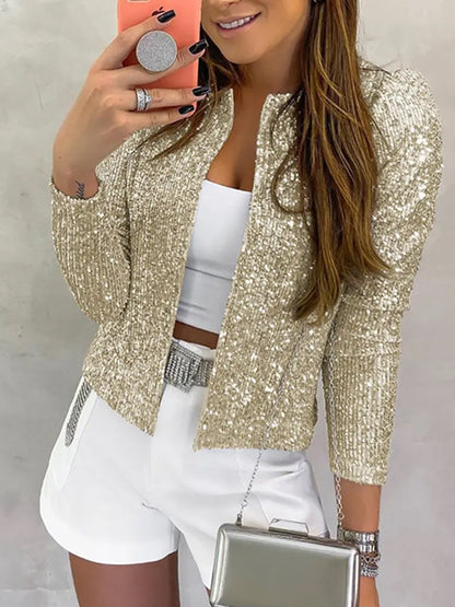 Fashion Leopard Print Sequin Long Sleeve Cropped Open Front Jacket