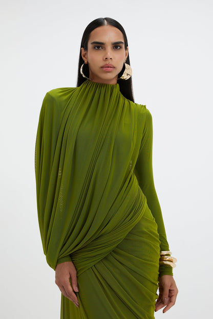 Sculptural Matcha Draped Maxi Dress