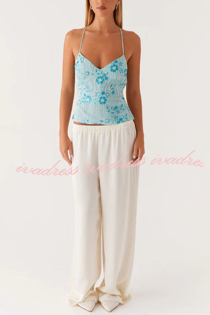 Dazzling Sequin Beaded Material Back Lace-up Loose Tank