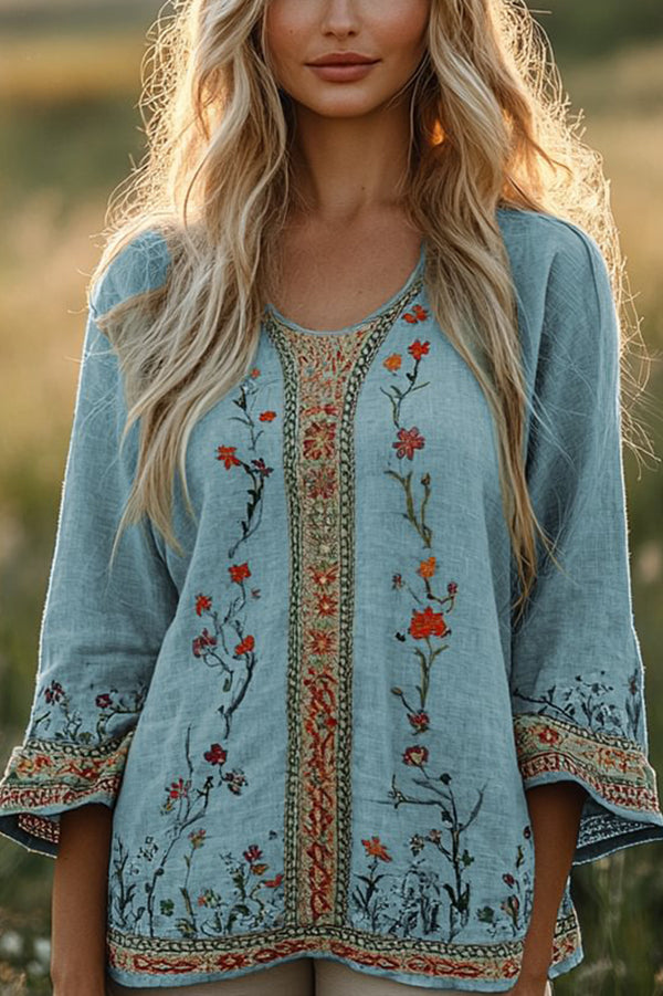 Bohemian Floral Print Round Neck Long-sleeved Loose Top