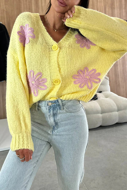 Cárdigan de punto con botones, manga larga, cuello en V y flores bordadas