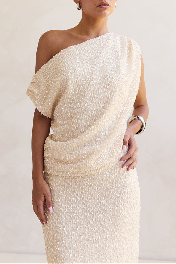 Milla Knit Sequin Asymmetrical Neck Draped Loose Top