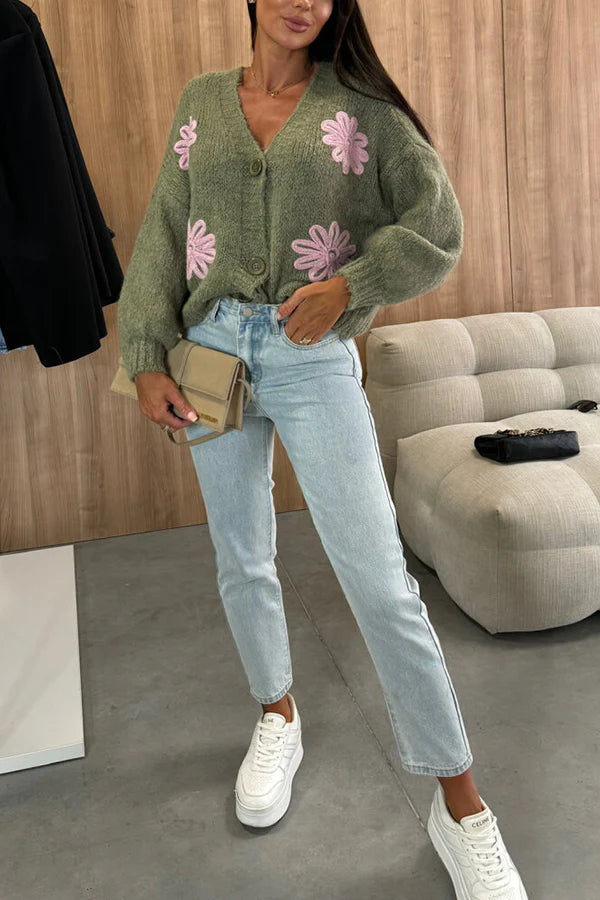 Cárdigan de punto con botones, manga larga, cuello en V y flores bordadas