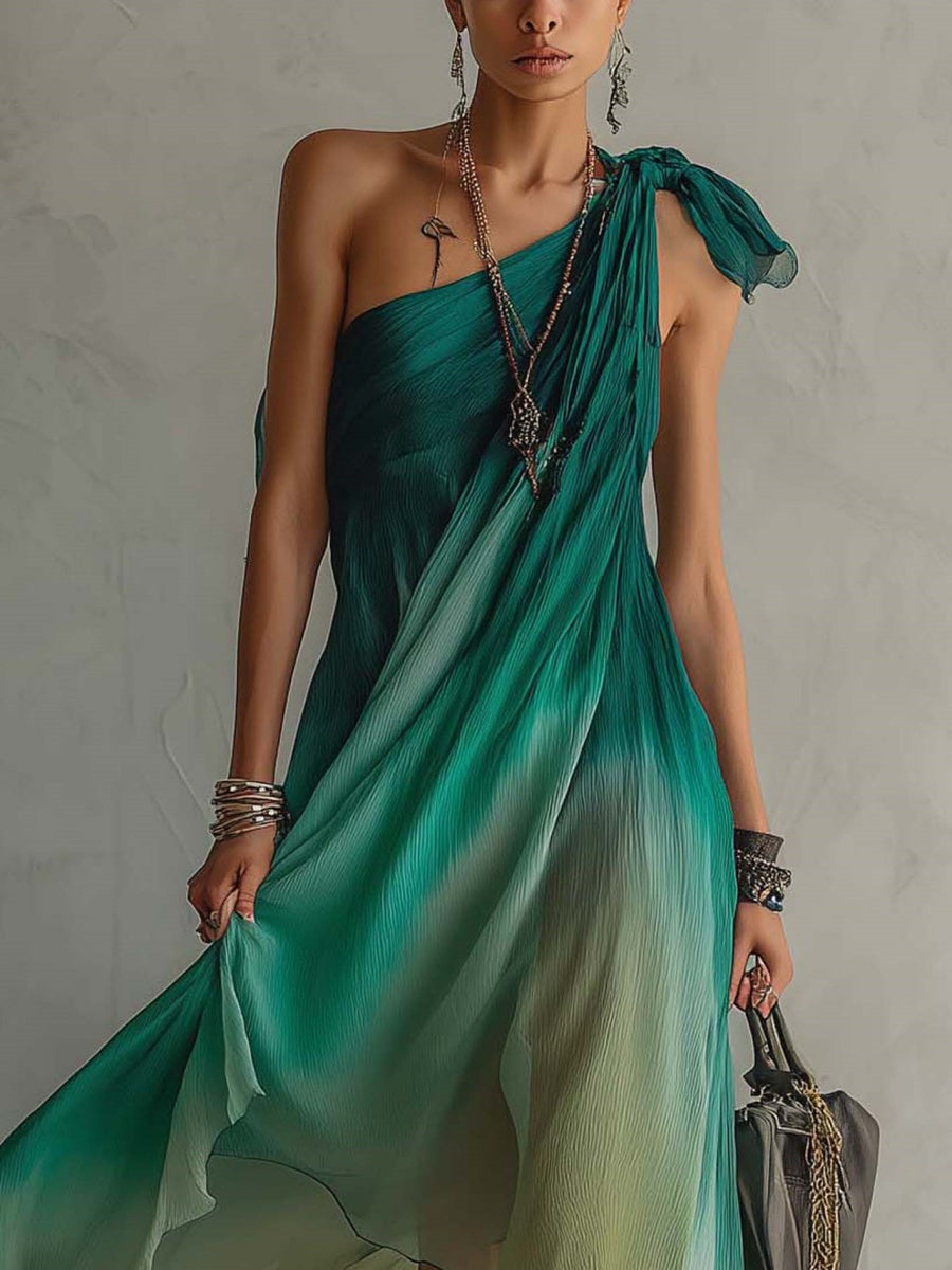 sheenchic Vacation Green Gradient Oblique Collar Asymmetric Hem Casual Chiffon Maxi Dresses [Pre-Order]