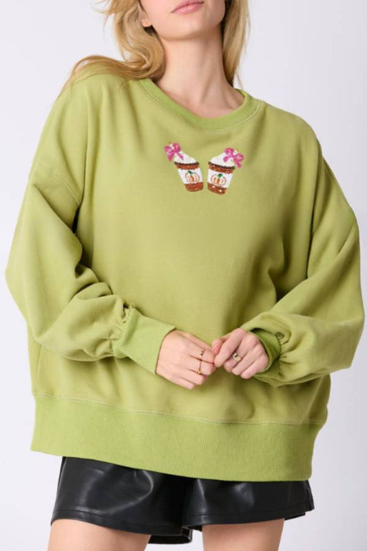 Halloween Coffee Sequin Top Loose Casual Sweatshirt