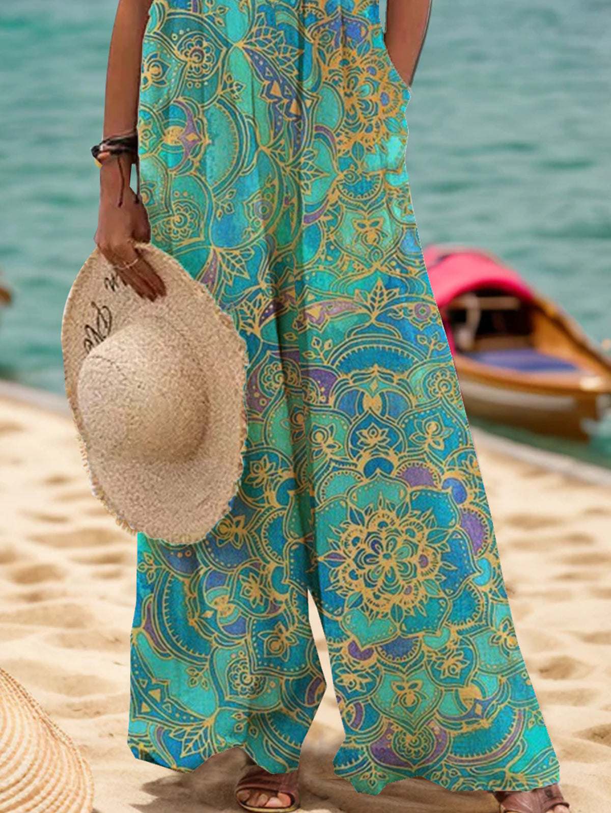 sheenchic Swimwear Retro Ethnic Pattern Pocket Overall Jumpsuit