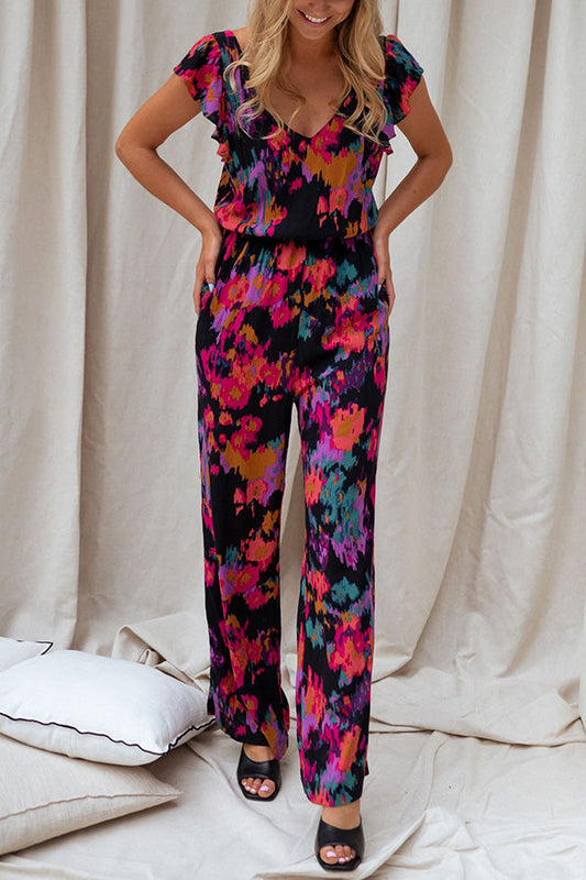 Nicola Watercolor Splash Ink Printed Elastic Waist Pocketed Jumpsuit