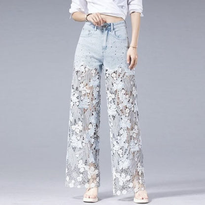 Casual Floral Lace Patchwork Hollow Out Straight Denim Jeans