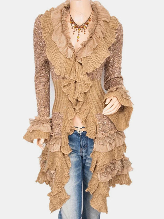 Daily Brown Stand-Up Collar Flare Long Sleeve Ruffle Vintage Contrast Knitted Cardigans
