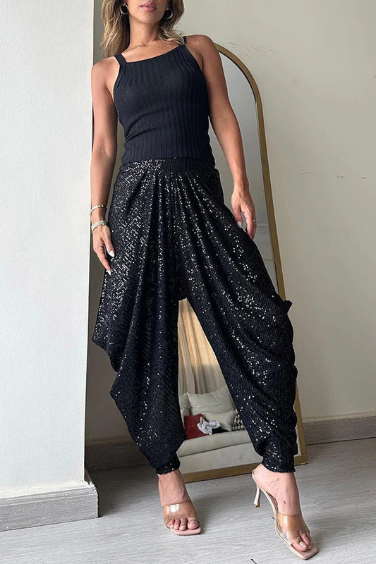 National Customs Sequin Elastic Waist Loose Harem Pants