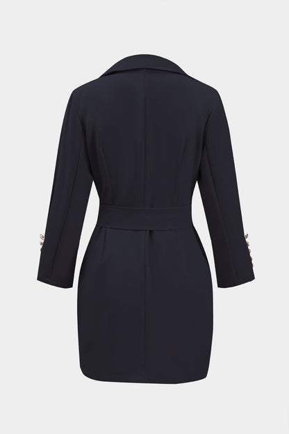 Ruched Belted Button Long Sleeve Notched Lapel Blazer