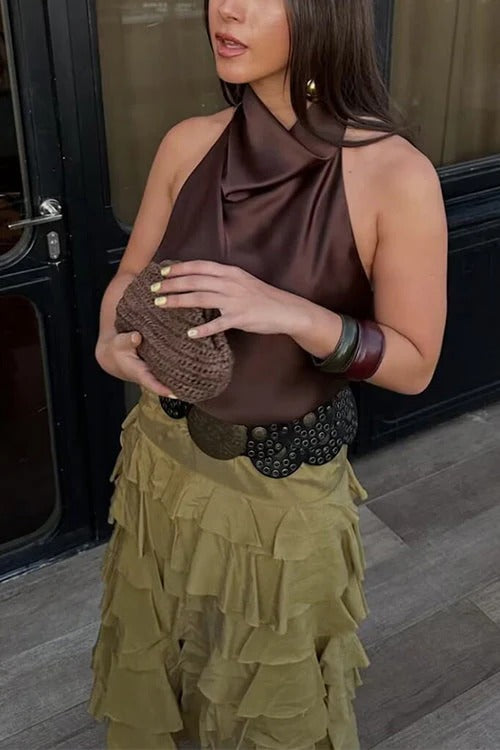 Chic Halter Cowl Neck Sleeveless Satin Top