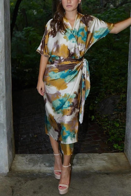Cityscape Moment Satin Tie Dye Print Half Sleeve Wrap Midi Dress