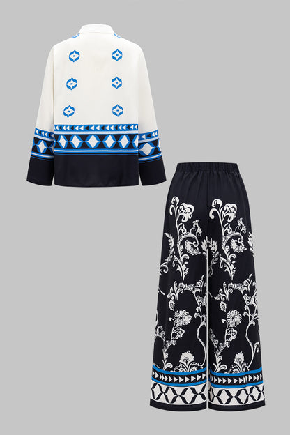 Floral Print Long-Sleeve And Wide Leg Long Sleeve Trousers Set