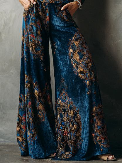 sheenchic Velvet Ethnic Print High Rise Slant Pocket Wide Leg Pants
