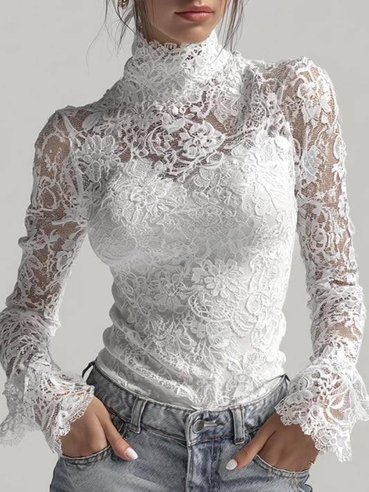 sheenchic White Sheer Lace High Neck Flare Sleeves Top & Camisole 2Pcs Set