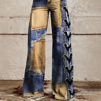 sheenchic Patchwork Allover Pattern High Rise Wide Leg Pants