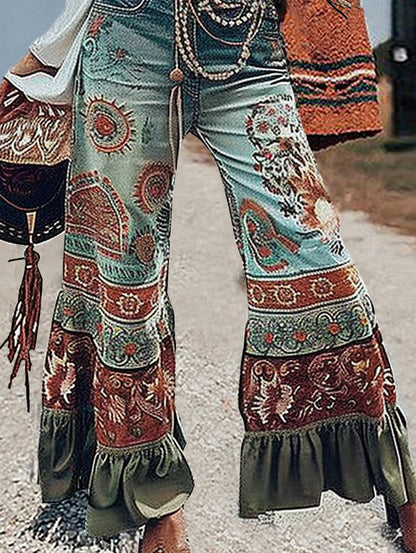 sheenchic Boho Print Ruffle Hem Flare Pants