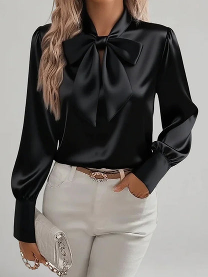 Daily Pink Long Sleeve Bow Tie Casual Satin Blouses