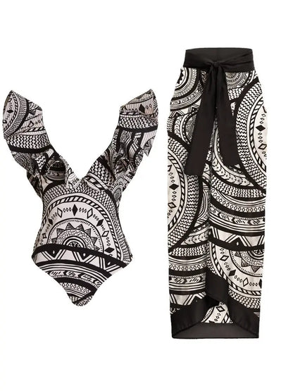 Deep V Ruffle Vintage Print Swimsuit