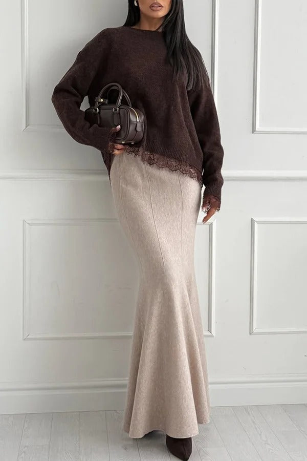 Suéter holgado de manga larga con abertura en la espalda y ribete de encaje de punto de Caitlin 