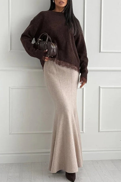 Suéter holgado de manga larga con abertura en la espalda y ribete de encaje de punto de Caitlin 