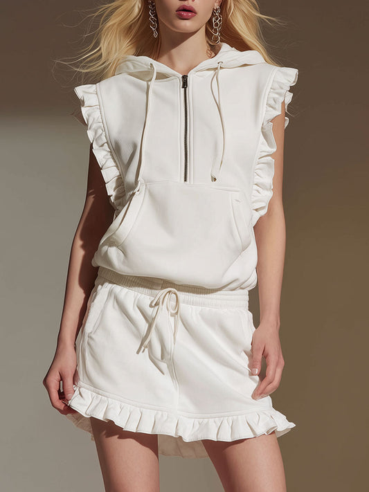 Stylish Sporty White Hooded Sleeveless Ruffled Sweatshirt And Skirt Set
