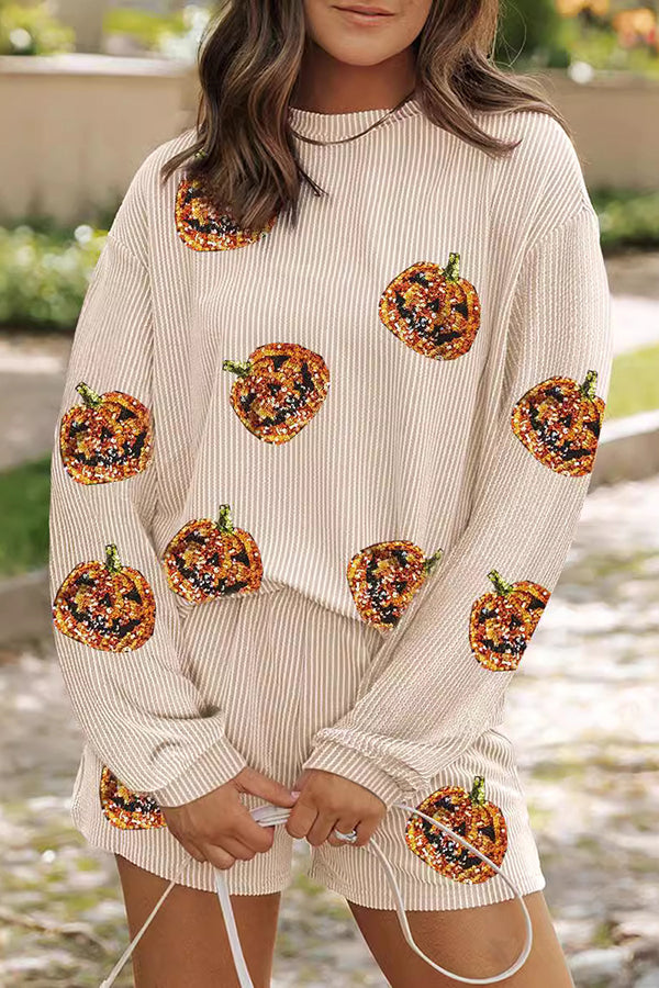 Conjunto de top holgado de manga larga con lentejuelas navideñas y pantalones cortos casuales con cintura elástica 