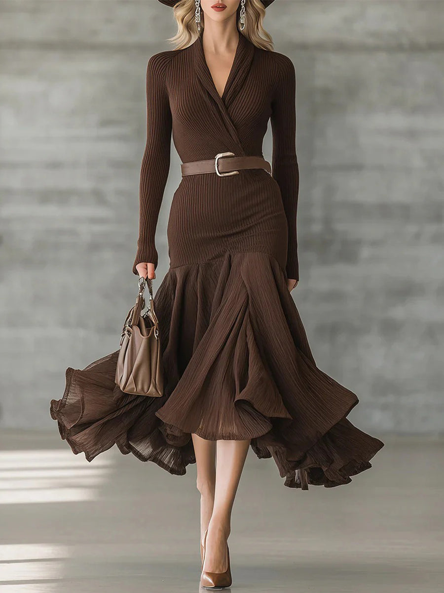 Cocktail Party Brown V Neck Long Sleeve Mermaid Elegant Contrast Knitted Midi Dresses