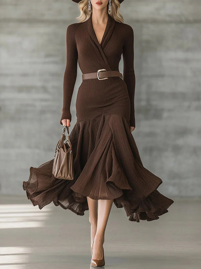 Cocktail Party Brown V Neck Long Sleeve Mermaid Elegant Contrast Knitted Midi Dresses