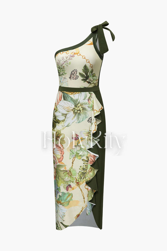 Floral Print One Shoulder One-piece Swimsuit And Ruffle Cover-up Set