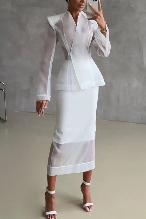 Blazer de organza con escote en V y manga larga con corte de reloj de arena de forma perfecta 