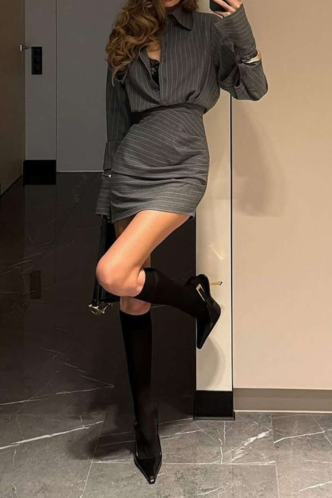 Stripes Print Button Long-Sleeve And Ruched Mini Skirt Set