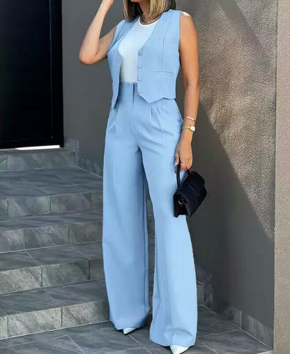 Fashion Solid Color Vest & Wide Leg Pants Two-Piece