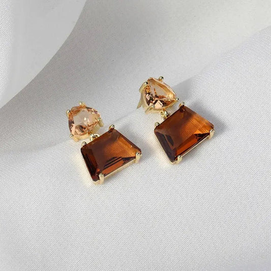 Amber Crystal Drop Earrings | Geometric Gold Setting