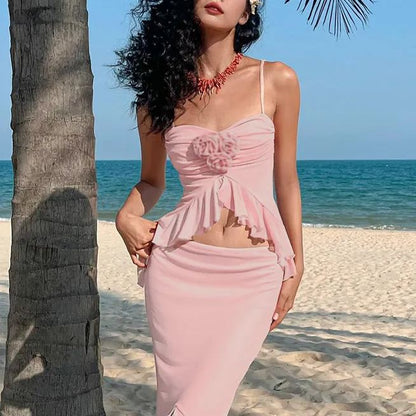 Pleated Midriff Halter Slim-Fit Slit Skirt Sets