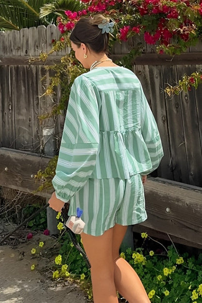 Lantern Sleeve Stripe Shirt Shorts Sets
