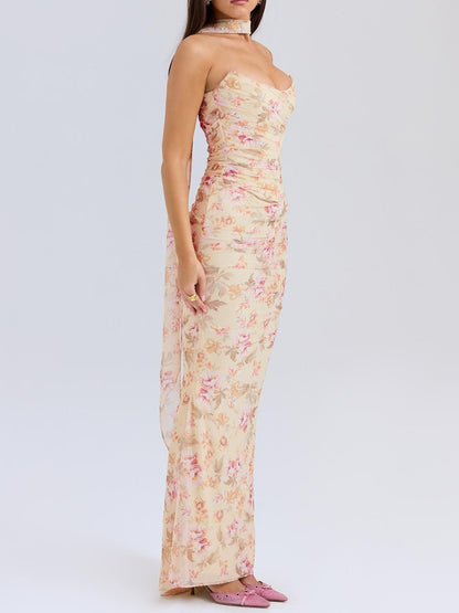 Floral Strapless Bodice and High Waist Skirt with Tie Set