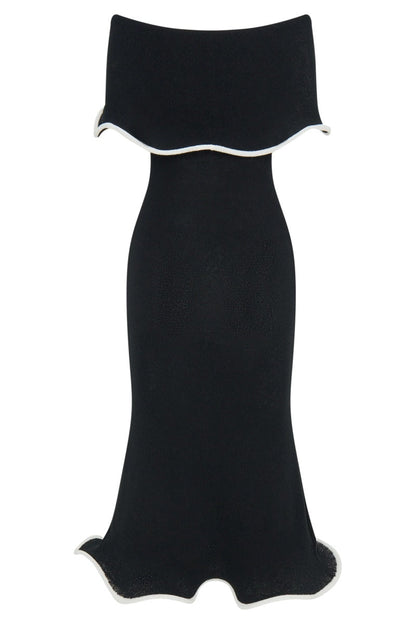 Off-The-Shoulder Contrast Ruffle Midi Dress