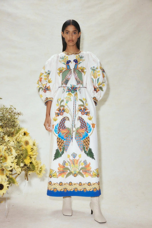 Printed Puff Sleeve Loose Casual Midi Dress