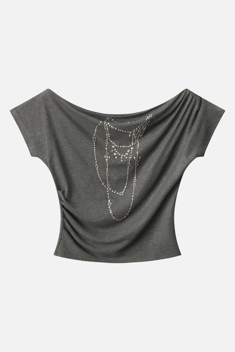 Off-shoulder Hotfix Rhinestones Tee