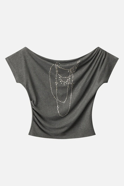 Off-shoulder Hotfix Rhinestones Tee