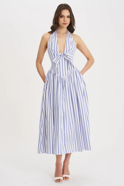 Navy Striped Halter Maxi Dress