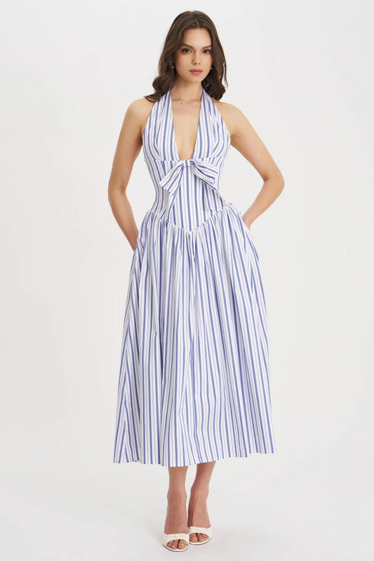 Navy Striped Halter Maxi Dress