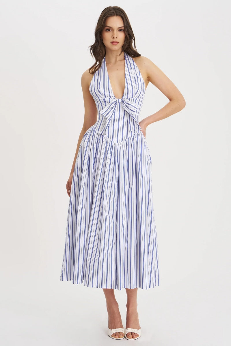 Navy Striped Halter Maxi Dress