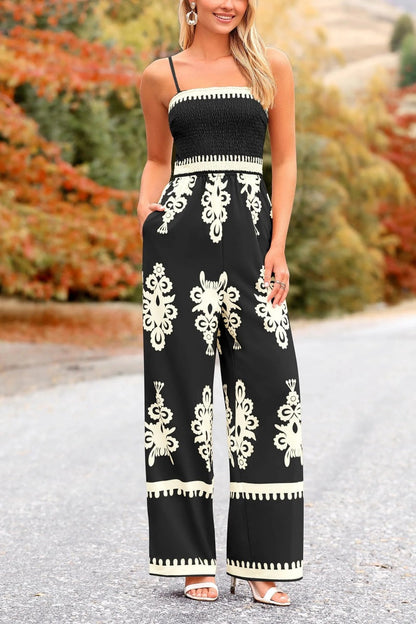 Vintage Print Sleeveless Jumpsuit For Vacation