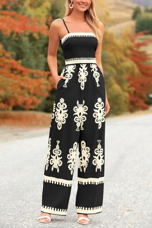 Vintage Print Sleeveless Jumpsuit For Vacation